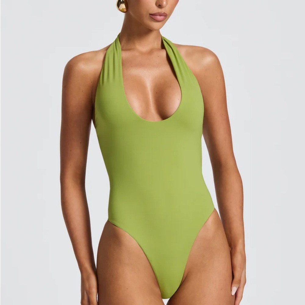 BABYBOO Odele Lime Green Halter Bodysuit In Olive NEW Size Medium